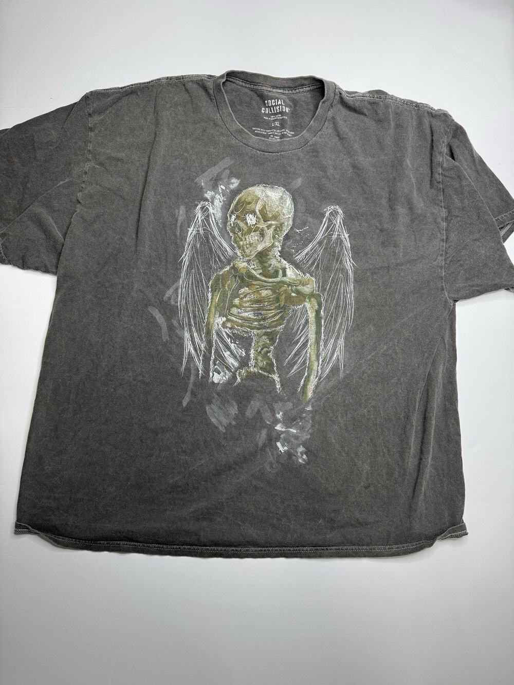 Social Collision Mens L XL Skeleton Angel Wings Graphic T Shirt Goth Grunge